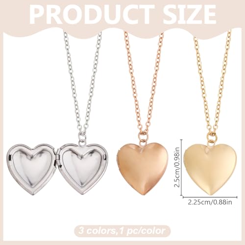 PLIGREAT 3 Colors Heart Photo Locket Necklace for Women, Stainless Steel Pendant Holds Pictures Golden Heart Open Locket Necklaces 17.7 Inch Chain Memorial Pendant Gift