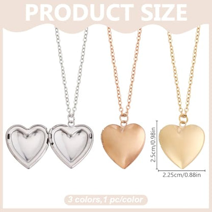 PLIGREAT 3 Colors Heart Photo Locket Necklace for Women, Stainless Steel Pendant Holds Pictures Golden Heart Open Locket Necklaces 17.7 Inch Chain Memorial Pendant Gift