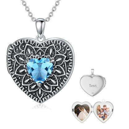 Heart Photo Locket Necklace 925 Sterling Silver Birthstone Gemstone That Holds 2 Pictures Locket Necklace Jewelry Gifts for Mother Women Mom Mother's Day Christmas Birthday - style: 12-Dec-Blue Topaz-Customize