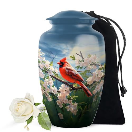 YATSKIA Cherry Blossoms Red Cardinal Bird Urns for Human Ashes Adult Man, Urn for Ashes for Women, Cremation Burial Urns, (Large Urn, 10 Inch)
