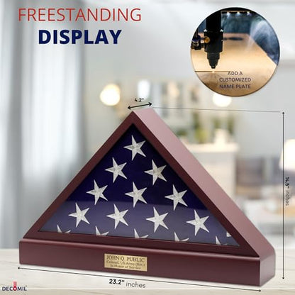 DECOMIL Burial Flag Display Case Personalized, 5x9 Flag Display Stand with Pedestal, Flag Case for Funeral Flag, Solid Wood Cherry Finish, Flag Case with Name Plate