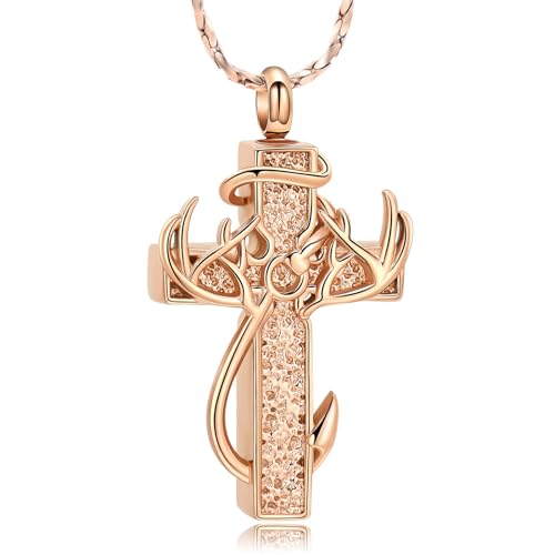 Imrsanl Cross Urn Necklace for Ashes for Women Men | Cremation Jewelry, Fish Hook Deer Antler Design Memorial Pendant, Human Pets Ashes Holder Keepsake - color: Rose Gold