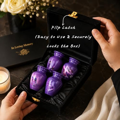 Keepsake Urns Small for Human Ashes Set of 4 | Mini Funeral Cremation Pot with Velvet Box | Cremated Remains Storage Container & Box