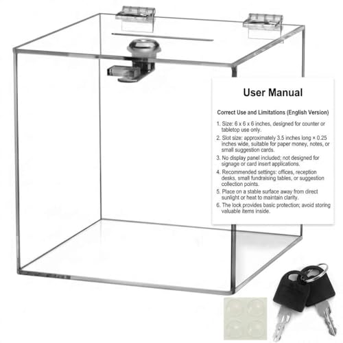 QWORK Acrylic Donation & Suggestion Box 6x6x6 Inches – Clear Lockable Design for Office, Event & Counter Use