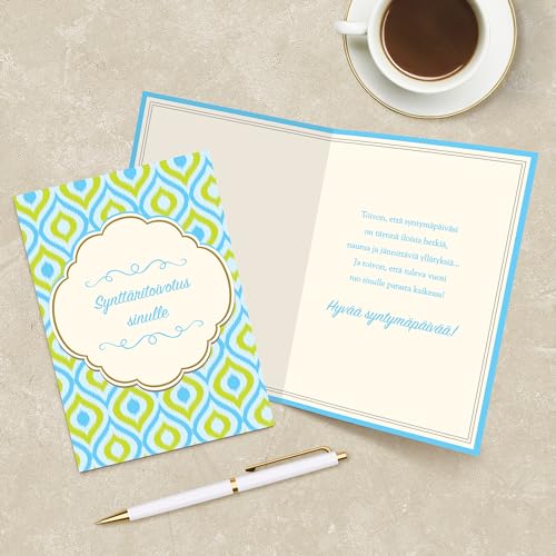 Designer Greetings Finnish Language Happy Birthday Cards 6 Pack | Boxed Card Set, Matching Envelopes - style: 6 PK Finnish Birthday - Blue & Green