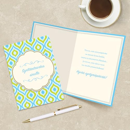 Designer Greetings Finnish Language Happy Birthday Cards 6 Pack | Boxed Card Set, Matching Envelopes - style: 6 PK Finnish Birthday - Blue & Green