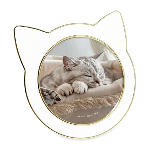 Isaac Jacobs 4x4 White w/Gold Round Enamel Cat Picture Frame w/Ears & Easel | Round Enamel Cat Picture Frame w/Ears - Tabletop, Home & Office Décor - color: White with Gold, size: 4x4