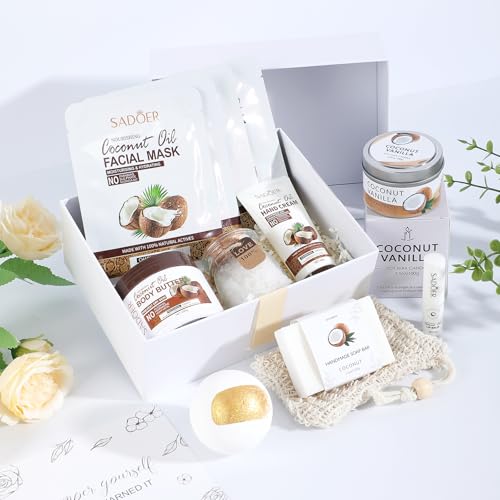 Coconut Spa Gifts for Women Birthday Self Care Kit Mothers Gifts Basket Thank You Relaxing Bath Sets for Moms Friends Co-worker Daughter Girlfriend Grandma Sister Teacher Daughter-in-Law
