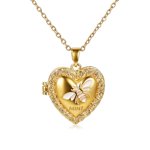 Vintage Gold Heart Locket Pendant Necklace - Engraved Bee Photo Locket Holds Pictures, Gold Plated Antique Memorial Locket Necklace Charms Carved Pattern Souvenir Memorial Clavicle Jewelry for Women - color: White bee