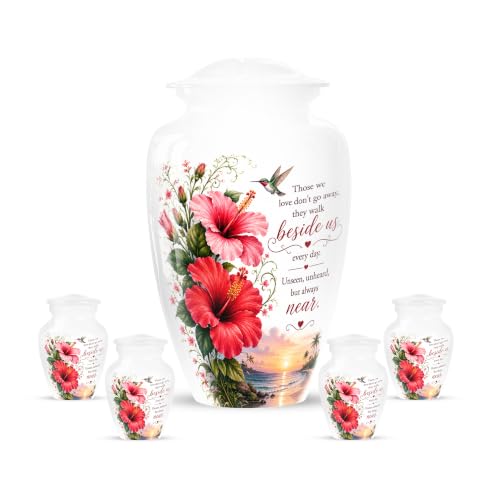 Red Floral Urn for Ashes for Women - Hummingbird Urns for Human Ashes Adult | White Memorial Urns for Human Ashes, It is Holds Upto 200 Cubics and 2/3 Tablespoon of Ashes, Set of 10" and 3" Pack of 4 - color: #14 Flower Urn, size: Combo Pack of 5
