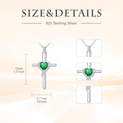 TOUPOP Cross Urn Necklaces for Ashes Birthstone Cremation Jewelry 925 Sterling Silver Cross Memorial Keepsake Funeral Jewelry for Women (with Funnel Filler) - color: 05-May-Emerald