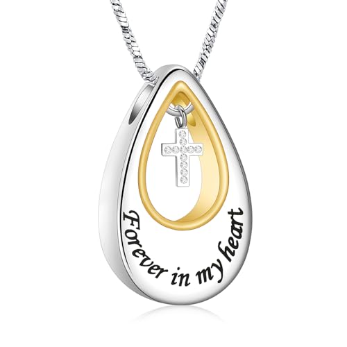 Yinplsmemory Cremation Urn Necklace for Ashes Urn Jewelry Forever in My Heart Stainless Steel Memorial Keepsake Cross Pendant for Human Pet - color: Silver with gold