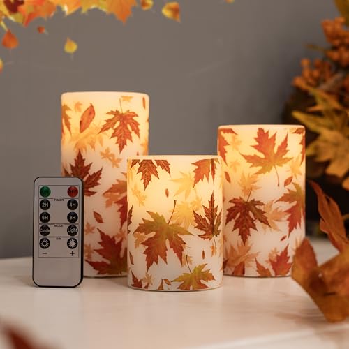 Fall Flameless Candles with Remote, Autumn Maple Leaf Battery Candles | Set of 3 LED Candles with Timer Battery Pillar Candles Real Wax Thanksgiving Mantel Decor Electric Fake Candles - color: Maple-Wax