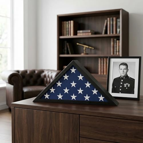 Americanflat Large Flag Display Case for Folded 5x9.5' Burial Flags - Engineered Wood Display Box for Wall or Tabletop - Silhouette Collection - Black - color: Black, style: 5x9.5 Burial Flag