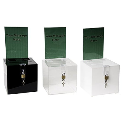 Clear-Ad - Acrylic Donation, Ballot, Raffle or Suggestion Box with Lock and Sign Holder - Plastic Comment or Compaint Container - Plexiglass Multipurpose Box with Slot - White (8x8) - size: 8 x 8 White