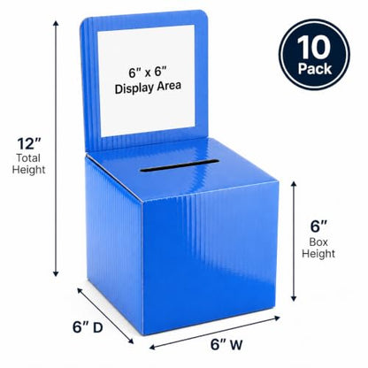 Raffle Ticket Donation Collection Ballot Box Reusable Sturdy thick Cardboard with Slot comment Suggestion Box With Removable Header 6H x 6W x 6D, Display area 6H x 6W (Blue 10 pack) - color: Blue