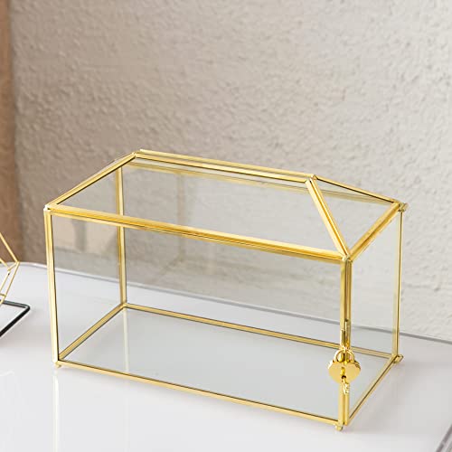 Glass Wedding Card Box with Slot, 12.6 inch Large Clear Card Box Gold Brass Gift Card Storage Box with Lock for Wedding Receptions, Baby Shower, Birthday Party, Bridal Shower - color: 12.5 inch