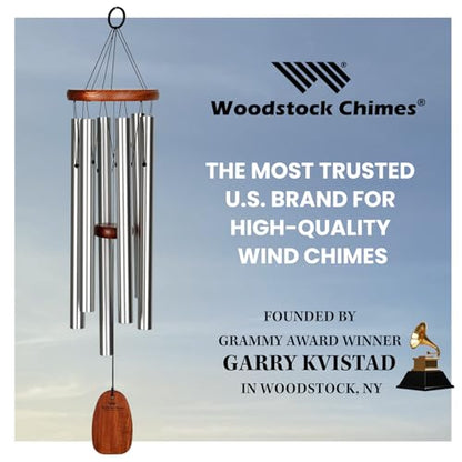 Woodstock Chimes of Comfort 24" Memorial Wind Chimes for Outdoor & Garden, Tuned to Amazing Grace, Sympathy Gift Silver Aluminum Tubes, Teak Wood Finish (WCOC)