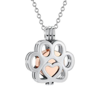 Pet Paw Urn Locket for Ashes Stainless Steel Cremation Jewelry for Dog/Cat Memorial Urn Necklace with Mini Casket Funeral Jewelry - color: Silver-Rose Gold