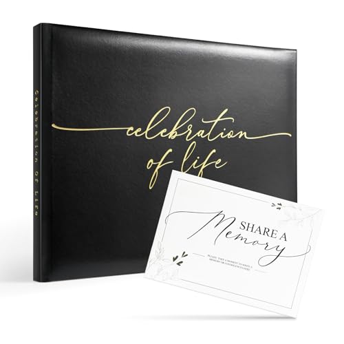 Funeral Guest Book for Celebration of Life, Elegant Black | Leather Memorial Guest Book, Memory Table Sign & Back Pocket, Photo Page & Condolence Pages For Funeral Service - color: Elegant Black