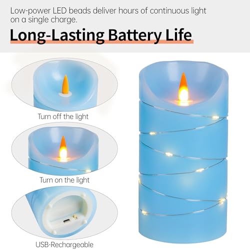 Rechargeable LED Candles, Real Wax, 4 5 6 in, Sky Blue, 3 Pack | USB Rechargeable Real Wax Candles with Remote, Timer and Star Lights - color: Blue