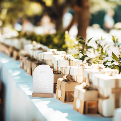 Acrylic Wedding Favors Sign for Reception with Wood Stand, 5 x 7 | Wedding signage guides guests to favors; frosted acrylic table sign with UV-printed white text and beech wood stand. - size: Favors Sign