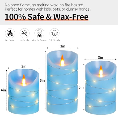 Rechargeable LED Candles, Real Wax, 4 5 6 in, Sky Blue, 3 Pack | USB Rechargeable Real Wax Candles with Remote, Timer and Star Lights - color: Blue