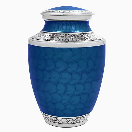 Cremation Urn for Adult Ashes - Blue & Silver Memorial Urn | Elegant Blue & Silver Finish: A refined decorative urn designed to create a peaceful and dignified memorial display. - color: Blue, size: Hand Engraved