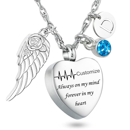 Gredstar Heart Urn Necklace for Ashes, ECG Memorial Pendant | Heartbeat Line, Angel Wing, 12 Birthstones, Stainless Steel, Screw Closure, Funnel & Box Included - style: Customize Your Necklace