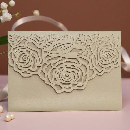 Laser Cutting Invitation Card Greeting Card Graduation Party Rose Flower Wedding Birthday Party Invitations Invitation Pocket With Envelope (Champagne Gold) | Laser-cut rose flower glitter cards for graduation, wedding, birthday, or party. Includes 20 poc