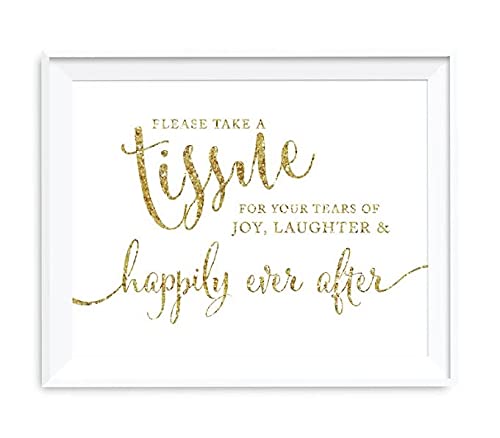 Andaz Press Wedding Party Signs, Gold Glitter Print, 8.5x11-inch, Please Take A Tissue for Your Tears of Joy, Laughter and Happily Ever After, 1-Pack, Not Real Glitter - color: Activity Tissue