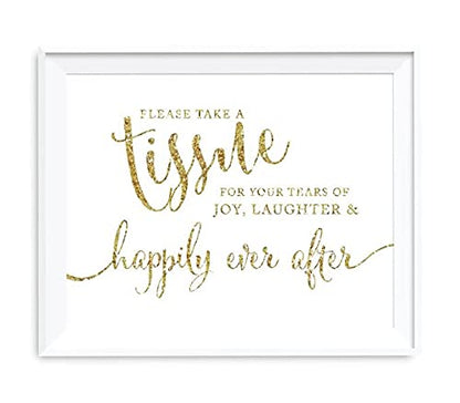 Andaz Press Wedding Party Signs, Gold Glitter Print, 8.5x11-inch, Please Take A Tissue for Your Tears of Joy, Laughter and Happily Ever After, 1-Pack, Not Real Glitter - color: Activity Tissue
