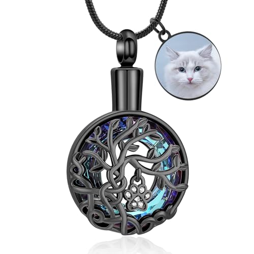 zeqingjw Pet Cremation Jewelry Tree of Life Urn Necklace for Ashes for Dog/Cat Funeral Ashes Keepsake Paw Print Urn Pendant Memorial Jewellery - color: Customize-Photo