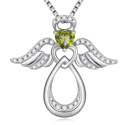 925 Sterling Silver Guardian Angel Pendant Necklace for Women with Birthstone Cubic Zirconia Little Angel Pendant Necklace Jewelry 18 inch Chain - color: 08-Aug-Peridot