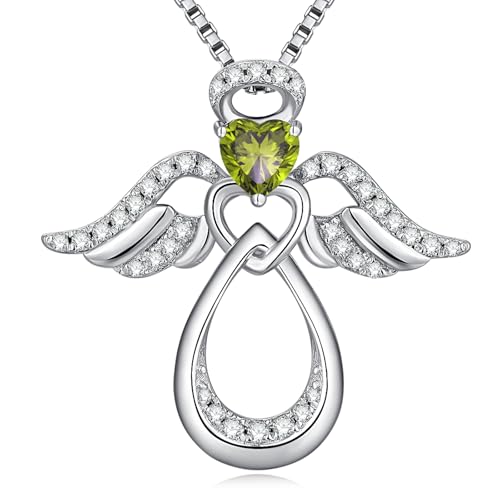 925 Sterling Silver Guardian Angel Pendant Necklace for Women with Birthstone Cubic Zirconia Little Angel Pendant Necklace Jewelry 18 inch Chain - color: 08-Aug-Peridot