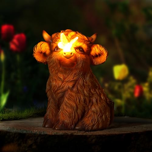 Highland Cow Solar Powered Outdoor Garden Statue, with Light Lantern - style: Sitting cow 5.7in