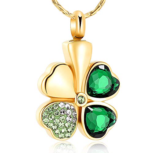 constantlife Cremation Jewelry Memorial Urn Necklace for Ashes Lucky Four-Leaf Clover Design Stainless Steel Pendant Keepsake - color: Golden+Dark Green