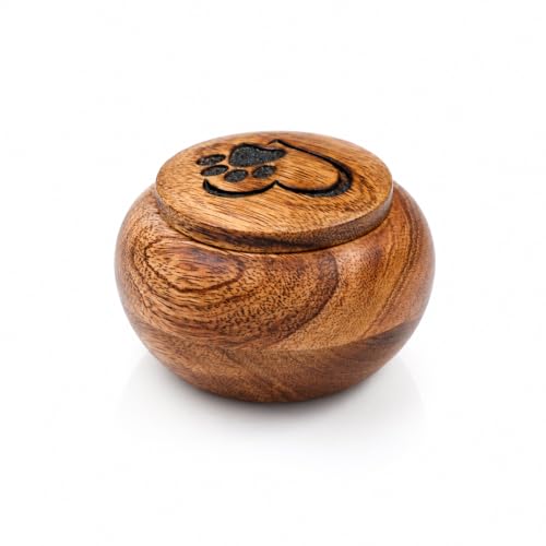 Small Pet Urn for Ashes, Mango Wood Memorial Keepsake for Dog or Cat, Paw & Heart Design, Holds up to 6 lbs - size: Small 0.6 Cu In