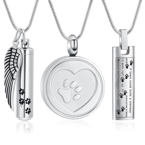 Hearbeingt Cylinder Cremation Jewelry Paw Print Urn Necklaces for Ashes | Stainless Steel,with Charm Wing,for Women Men,Memorial Necklace,Ash Pendant for Human Pet,Keepsake Jewelry,Gift,Fill Tool - color: 3 pack-Silver