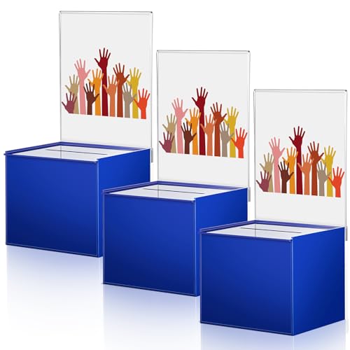 Bucherry 3 Pcs Acrylic Donation Box with Slot, 6 x 5 x 5 Inches Blue Ballot Suggestion Raffle Ticket Box with Sign for Fundraising, Raffle, Collecting, Donating, Voting - color: Blue