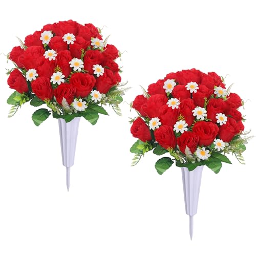 Lodou Artificial Cemetery Flowers, Memorial Grave Decorations Roses – 2 Bouquets & 2 Vases Set Non-Fade, Perfect for Christmas, Valentine’s Day, Memorial Day (Red) - color: Red
