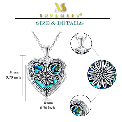 SOULMEET Personalized Silver Locket Necklace That Holds Pictures Photo Keep Someone Near to You, Memorial Custom Lockets Necklaces Letters Engraving for His Her - color: A5-Abalone sunflower-Black, style: Locket Necklace Only
