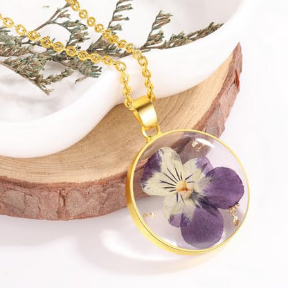 AUNTESIGN Forget-Me-Not and Queen Anne's Lace Pressed Wildflower Necklace | Birth Month Flowers Necklace | Gold/Silver Pressed Flower Jewelry | Mother's Day | Gift For Her - color: Pansy Necklace(February Birth Flower)