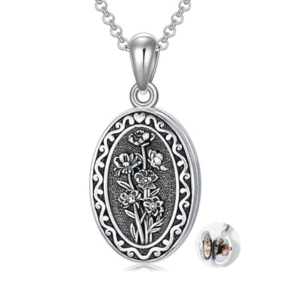 Birth Flower Photo Locket Necklace 925 Sterling Silver 12 Month Locket Necklace with Picture Birth Flower Photo Jewelry Gifts for Women Mother Mom Daughter - color: 10-October-marigold, style: 1.no custom