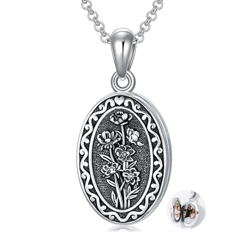 Birth Flower Photo Locket Necklace 925 Sterling Silver 12 Month Locket Necklace with Picture Birth Flower Photo Jewelry Gifts for Women Mother Mom Daughter - color: 10-October-marigold, style: 1.no custom