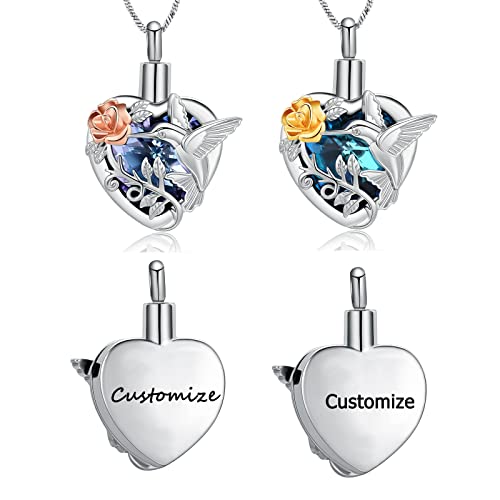 Yinplsmemory Hummingbird Cremation Jewelry Crystal Heart Urn Ashes Necklace for Women Men Memorial Keepsake Necklace of Loved One - color: Customize