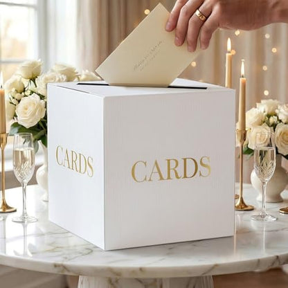 White Wedding Card Boxes for Receptions, Gift Card Box for Graduation Party | Thicker Paperboard Graduation Card Box for Party, Birthday, Retirement, Anniversary, Bridal & Baby Shower, Gold Foil Design - color: White