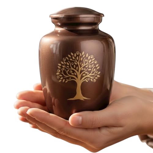 Premium Pet Memorial Urn for Dog & Cats Ashes - Brown Metal Cremation Urn with Tree of Life Design 35 Cu in (Up to 35 lbs) - Small to Medium Pet Urn with Secure Closure Keepsake