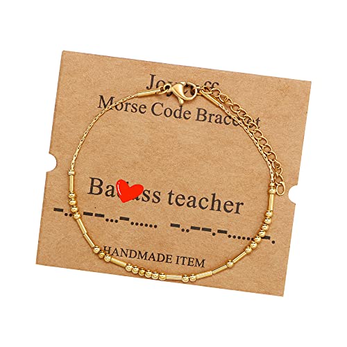 JoycuFF Inspirational Morse Code Bracelets for Women Silver Beads Jewelry Encouragement Mantra Gifts for Her - style: Gold B****s Teacher