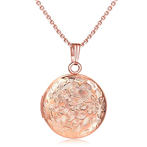 YOUFENG Locket Necklace that Holds Pictures Flower Lockets Pendant Necklaces Birthday Gifts Jewelry - color: RoseGoldRound